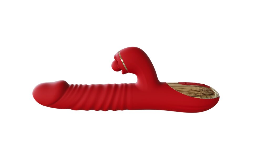 The Red Peach Double Bubble Clit and G Spot Rabbit textured dual-stimulation vibrator